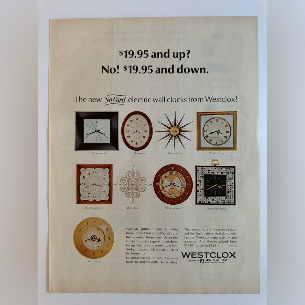 5/$20 WestClox Vintage ad, Home and Garden Magazine 1965